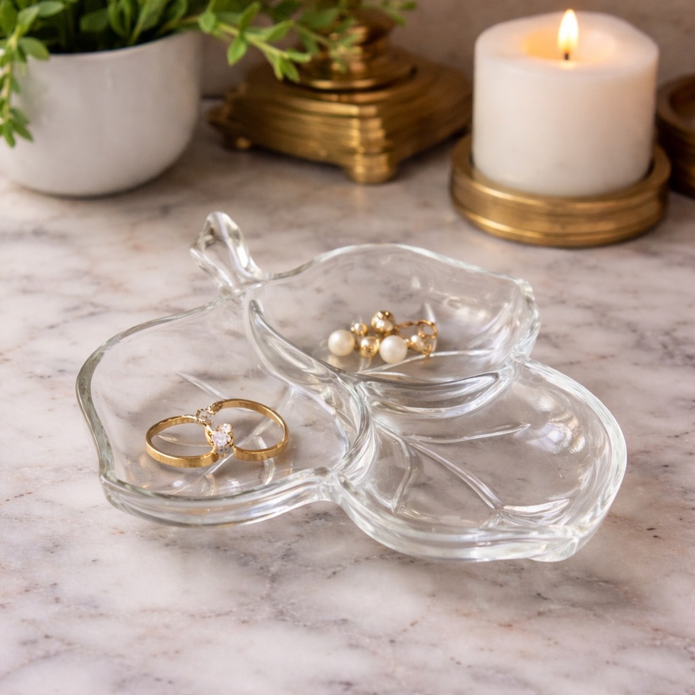 Vintage Clear Glass Leaf Dish Divided Double Tray Trinket Jewelry Holder Cottage